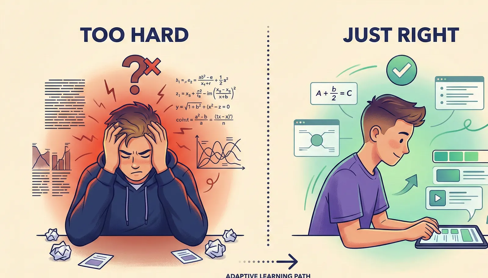 Illustration contrasting a student overwhelmed by work that is too hard with one engaged at the right level