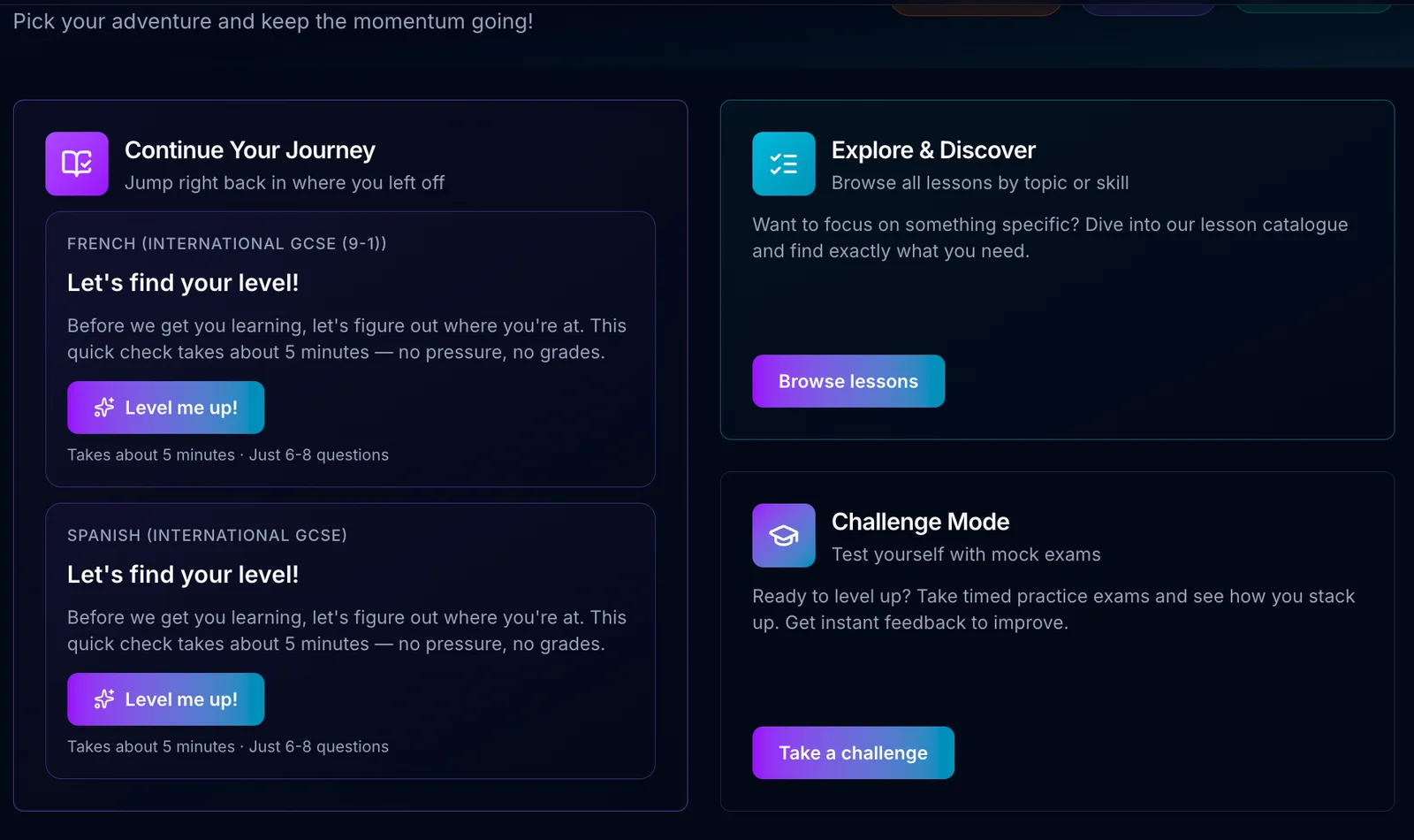 Student home screen showing the next lesson and progress through the course