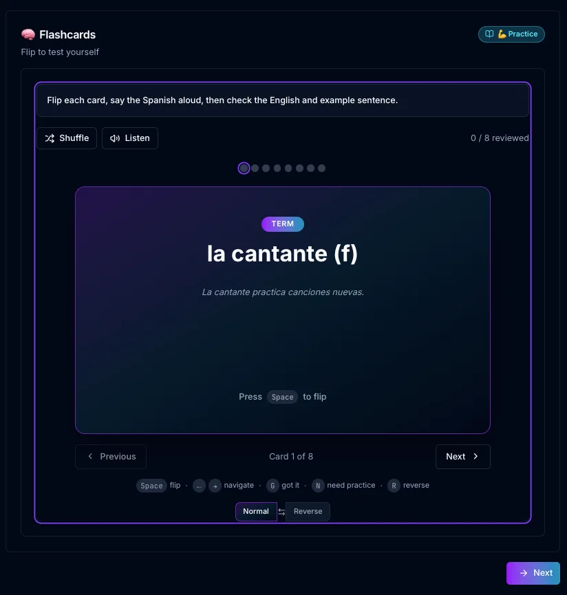 Flashcard activity showing a Spanish term with shuffle and listen controls
