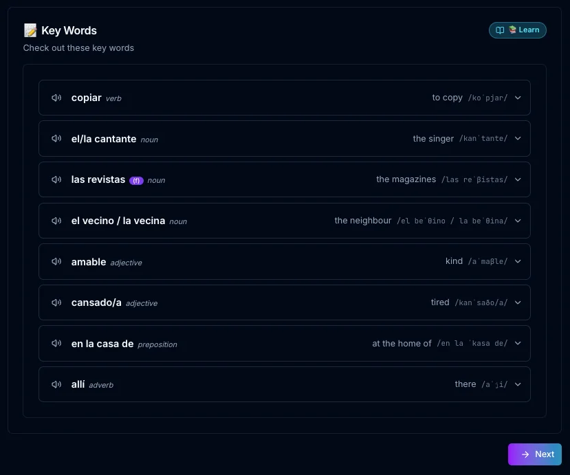 Key words screen listing Spanish vocabulary with pronunciation, part of speech and a listen button