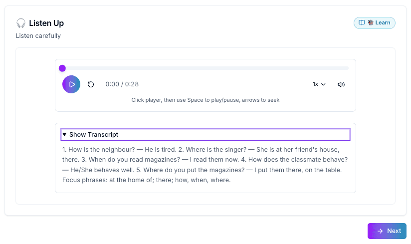 Listening activity with an audio player, interactive transcript and progress bar