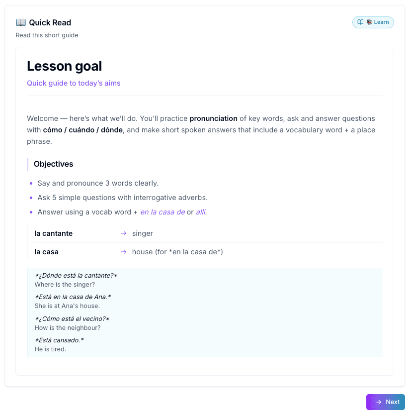 Reading panel showing the lesson goals and what the learner will be able to do